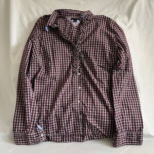 Tommy Hilfiger Burgundy Checkered Ruffle-Front Button-Up Shirt L/G Cotton Womens